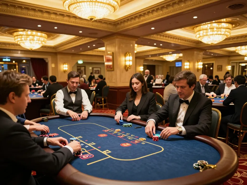 ATQ players strategizing at high-stakes poker tables under glamorous casino lights
