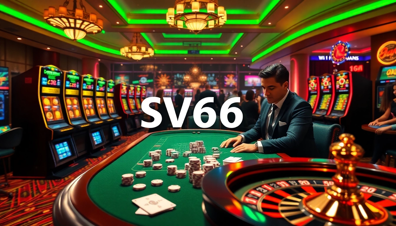 Engaging scene of vibrant gaming at SV66 com, showcasing poker, slots, and roulette excitement.