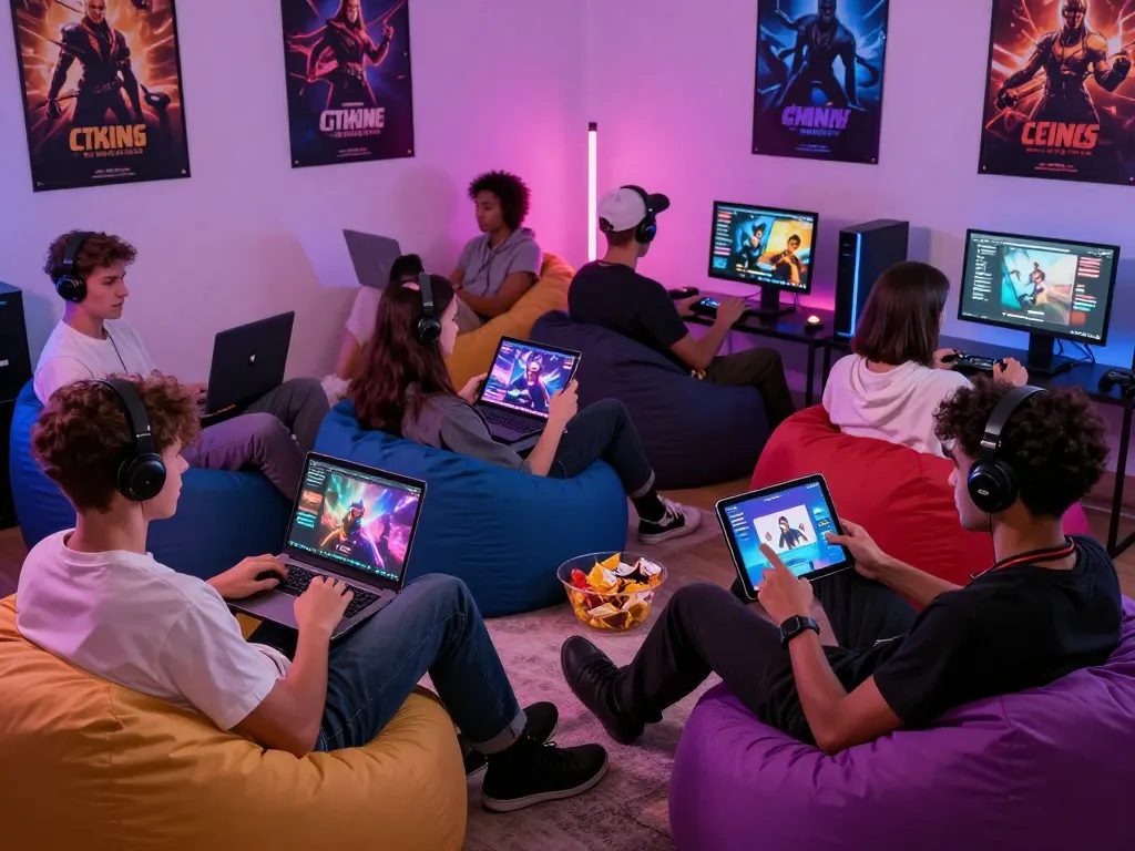 Gamers enjoying diverse porn games on multiple devices, highlighting the interactive adult gaming experience.