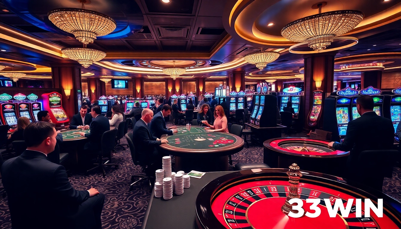 33WIN showcases a thrilling casino environment with poker chips and roulette wheels.