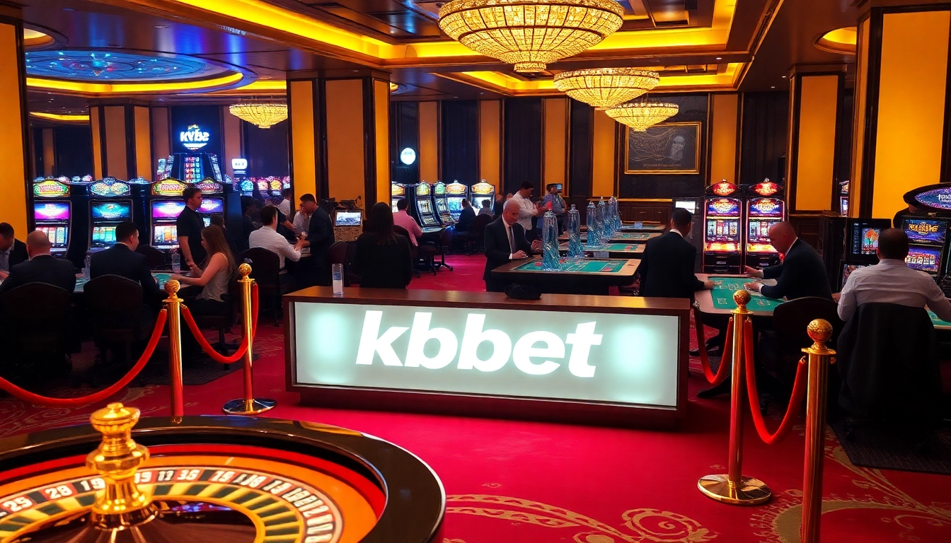 Experience thrilling gameplay with kbbet at a luxurious casino setting featuring vibrant tables and slot machines.