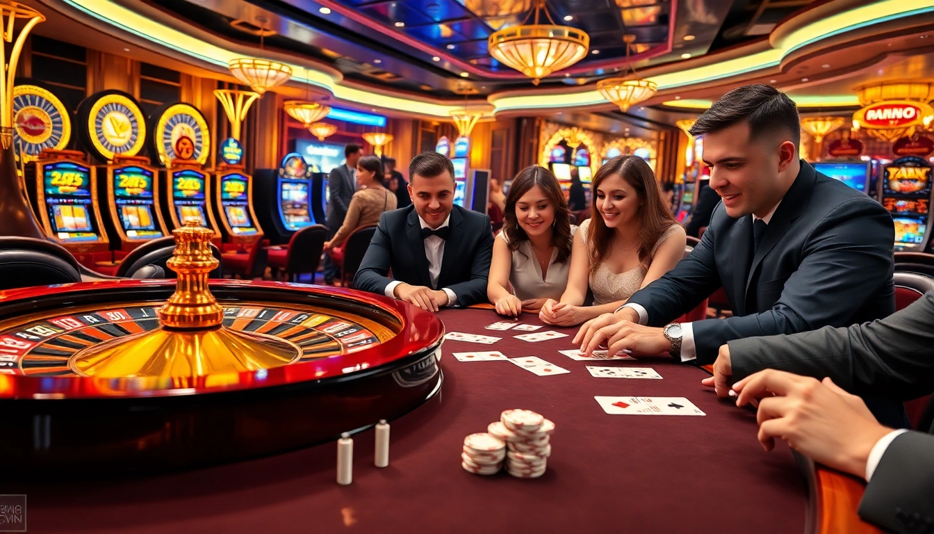 Experience the excitement of online gambling at https://888vina.com/ with a luxurious casino scene featuring a roulette wheel and engaged players.