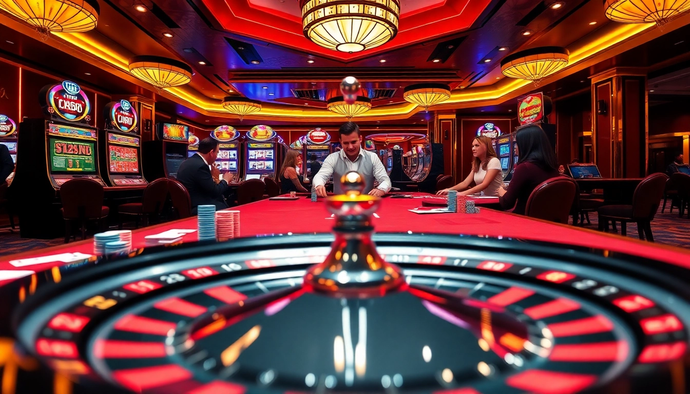 Excited players engage in a Vin88 gaming table while enjoying the luxurious casino atmosphere.