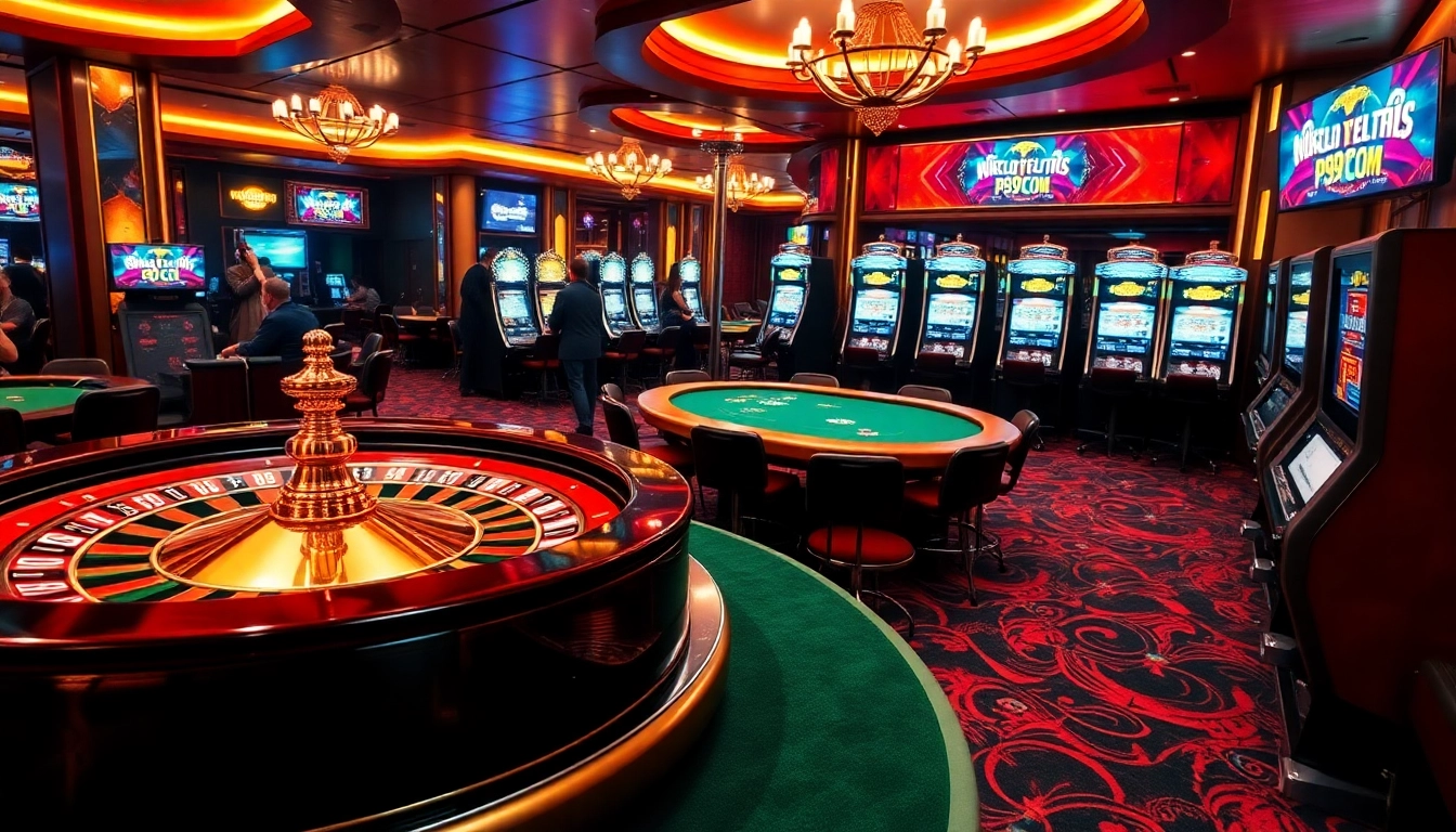 Exciting gaming at a luxury casino featuring PS99COM roulette and poker tables.