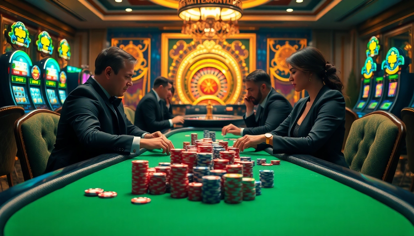 Engaging casino atmosphere at ee88 with vibrant poker gameplay and bright slot machines.