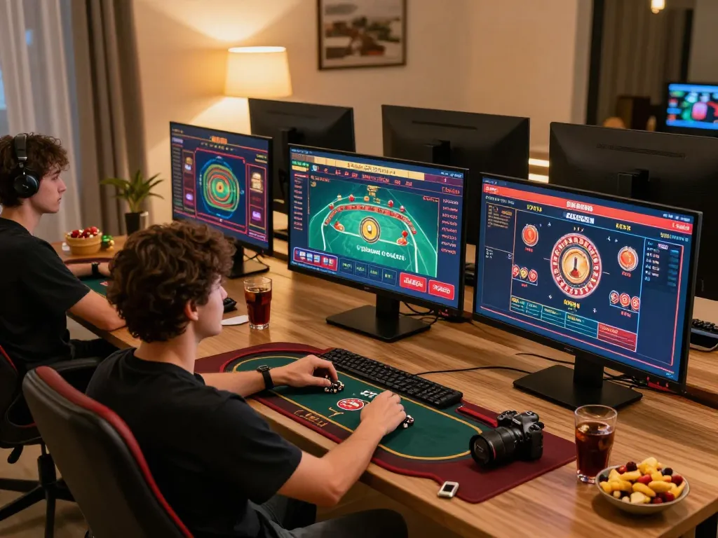 Engaged user playing online casino games at https://99win.actor/, showcasing poker and slot games on multiple screens in a cozy, stylish home office.