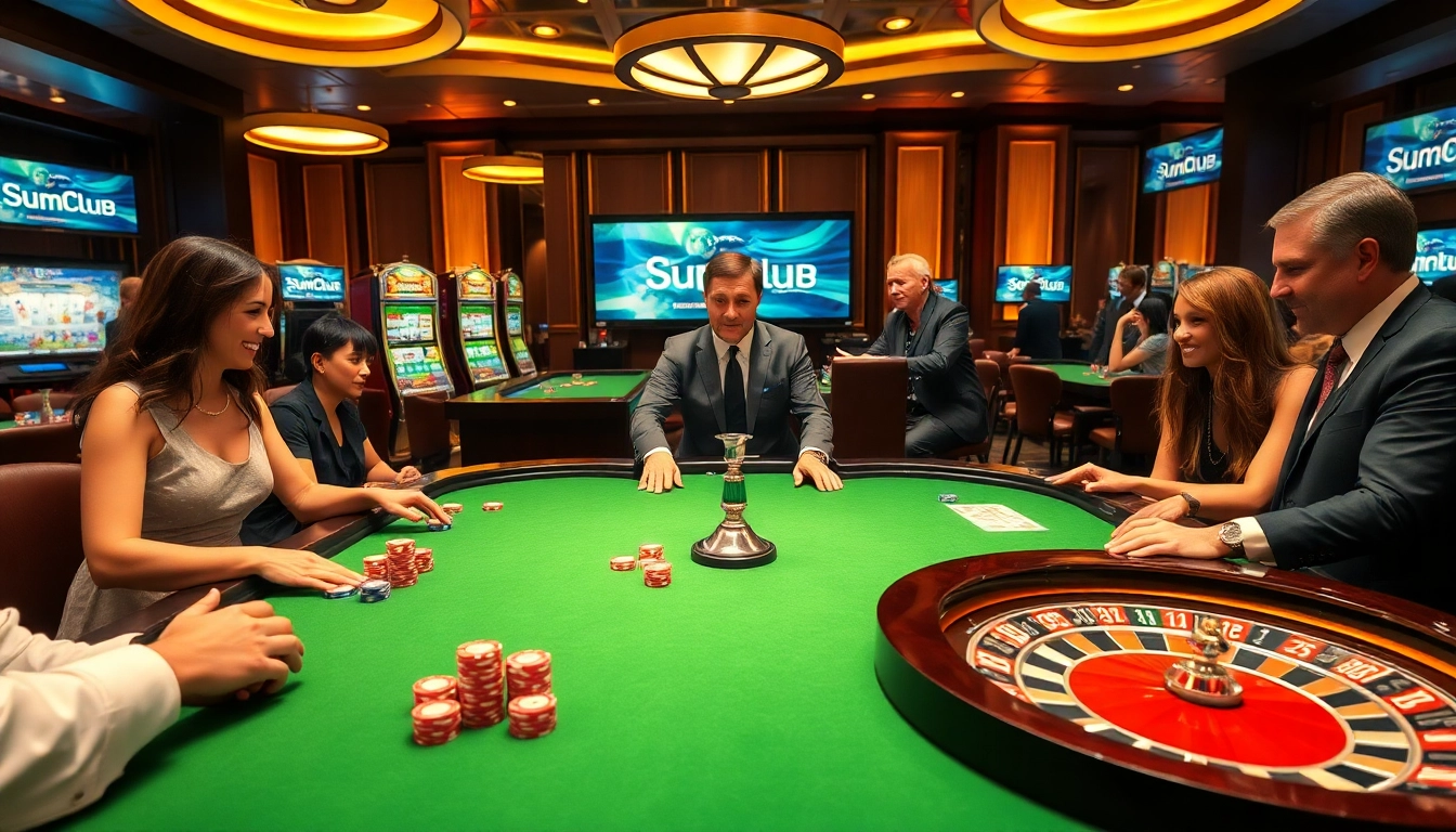 Players enjoying a thrilling game at SumClub casino table, surrounded by vibrant atmosphere and elegant design.