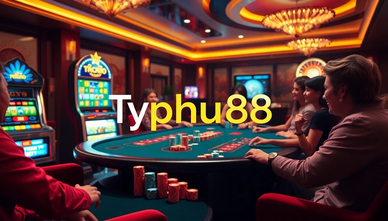 Typhu88 casino scene with excited players at a poker table amidst vibrant slot machines.