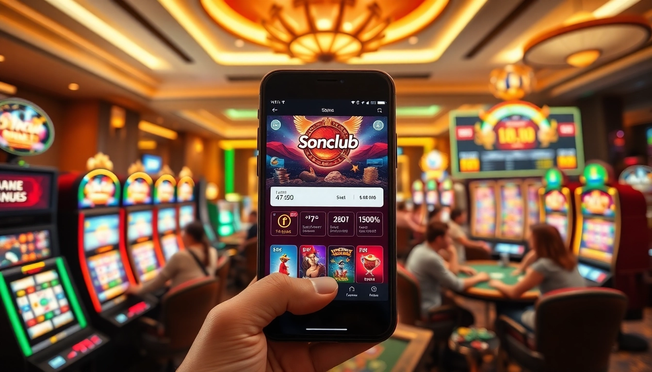 Exciting gaming scene at Sonclub, featuring vibrant slot machines and engaging players.