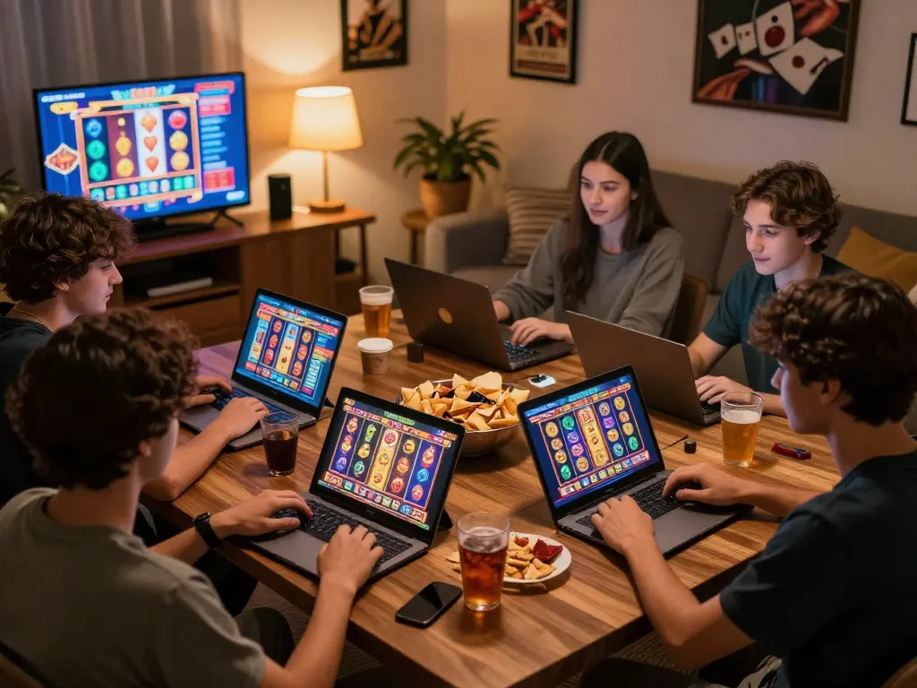Friends enjoying best online pokies on mobile devices during cozy game night.