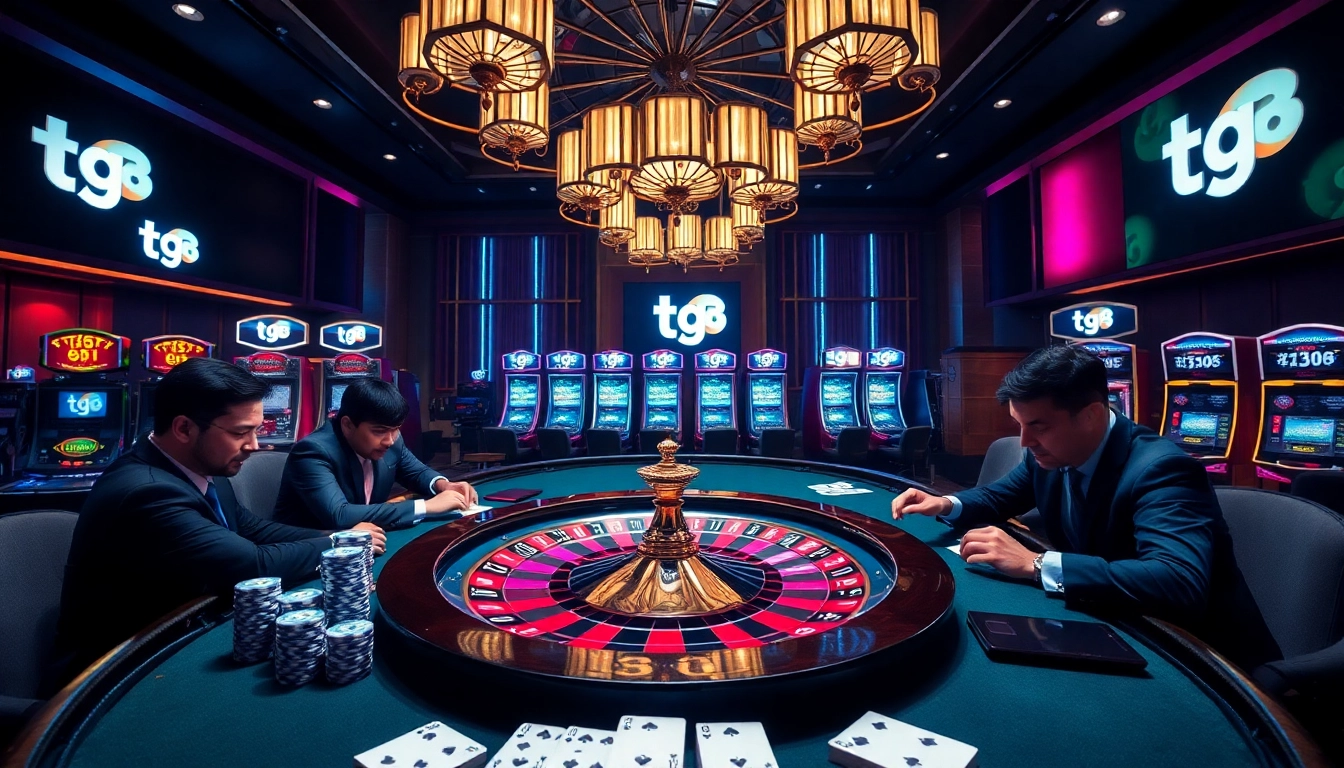 Players enjoy intense poker action at tg 88 casino, surrounded by vibrant roulette and chips.