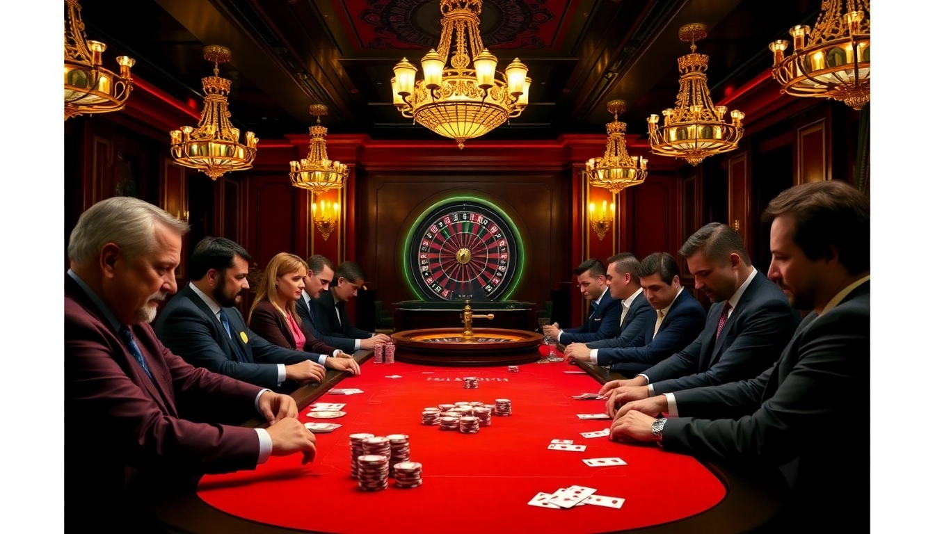 Players strategizing at an exciting poker table scene with okfun branding in a luxurious casino setting.