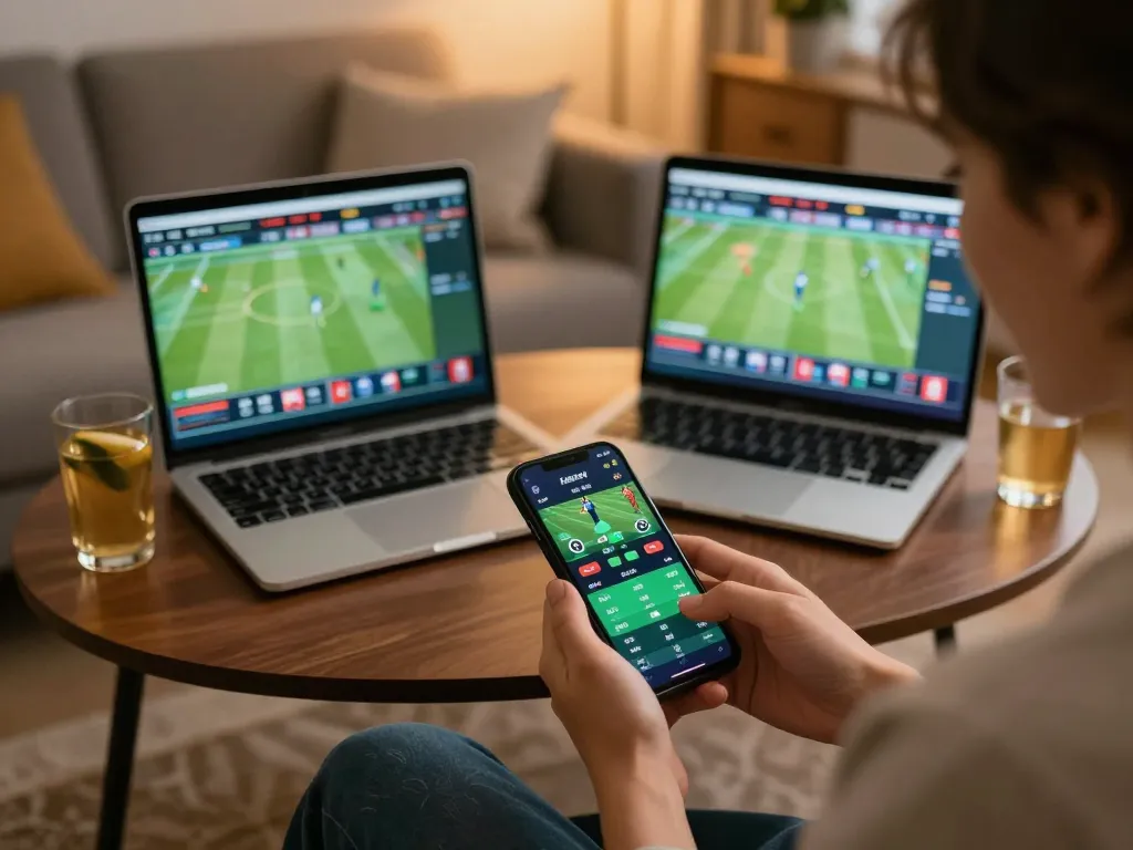 Engaging in live sports betting via smartphone on https://rr88.auction/ in a cozy home setup.