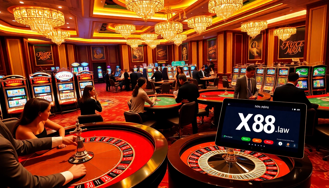 Experience thrilling gameplay at https://x88.law/ with high-stakes poker and roulette in a luxurious casino setting.