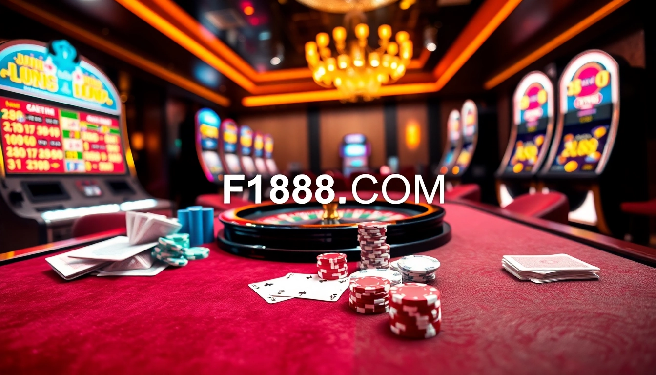 Experience thrilling online gaming action at F168.COM with vibrant casino visuals and engaging gambling elements.