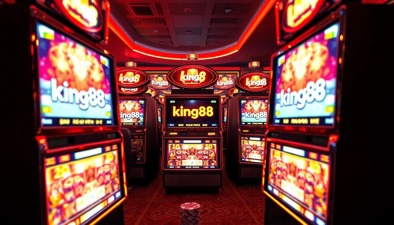 Exciting online casino scene with king88 slot machines, vibrant colors, and immersive gameplay.