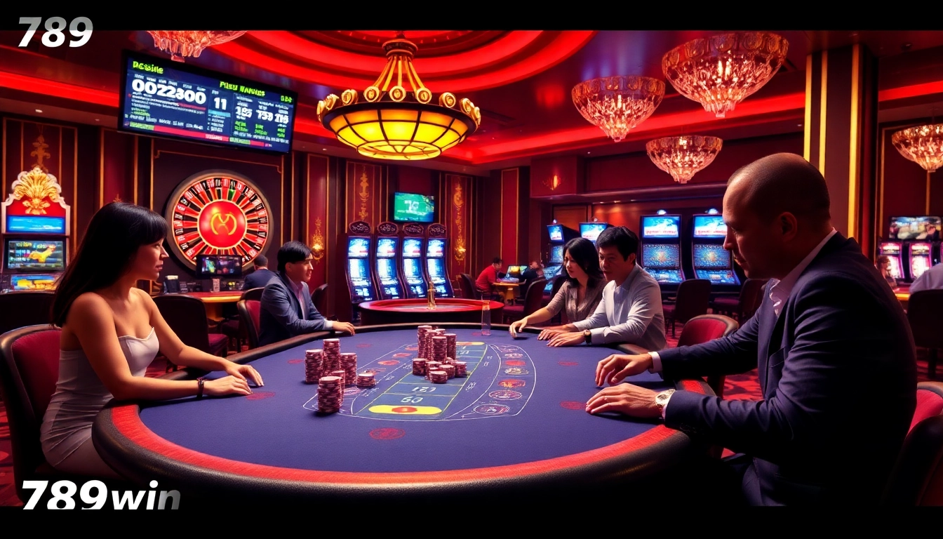 Excited players engaging in high-stakes poker at 789win casino with vibrant gaming environment.