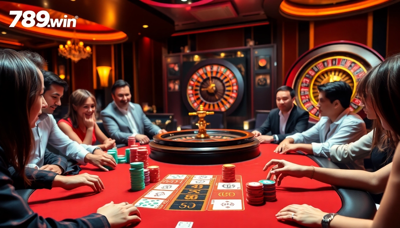 Experience the thrill of 789win at an exciting poker table with vibrant chips and strategic plays.