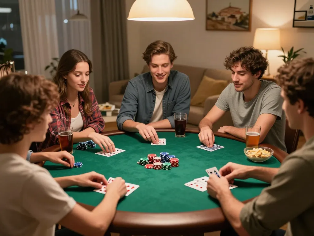 Friends enjoying a home poker night while engaging with 9 Lotto 4D excitement.