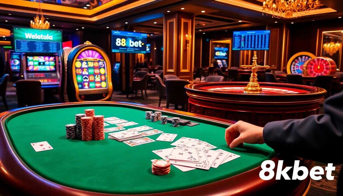 Engaging gamblers at a luxurious poker table with 8kbet chips and cards in play.