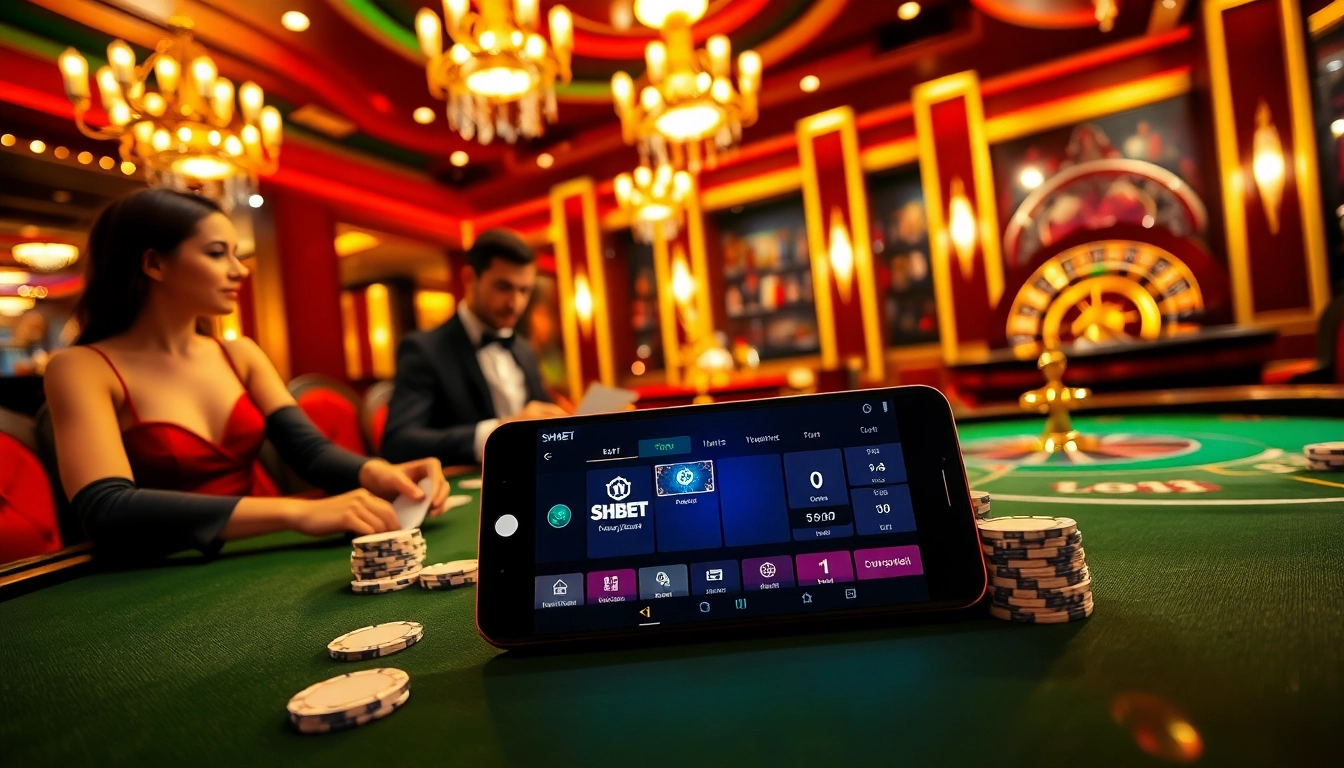 Tai app SHBET in a luxurious casino setting with poker chips, cards, and roulette wheel.