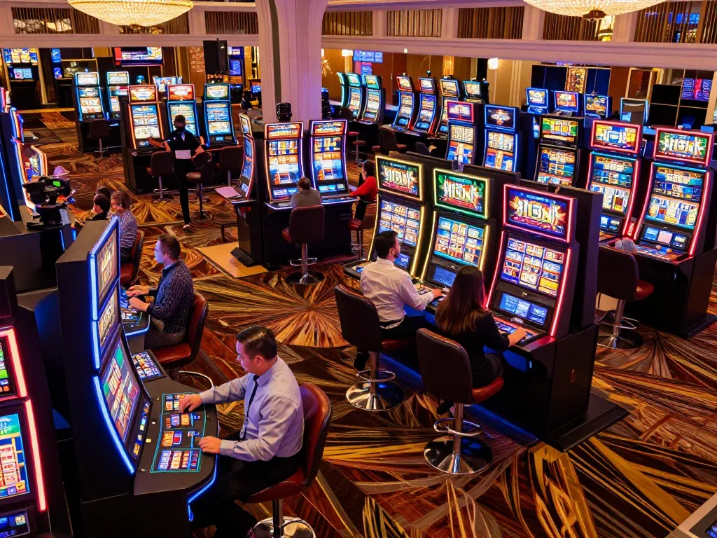 Dynamic casino floor with players using devices and vibrant slot machines at god55, showcasing excitement and fun.