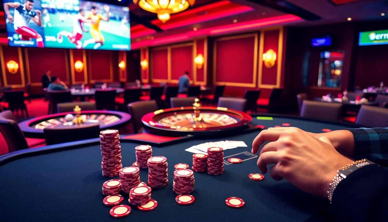 Experience thrilling casino action with high-stakes gameplay at https://luongsontv23.com/ featuring elegant poker tables and a vibrant roulette wheel.