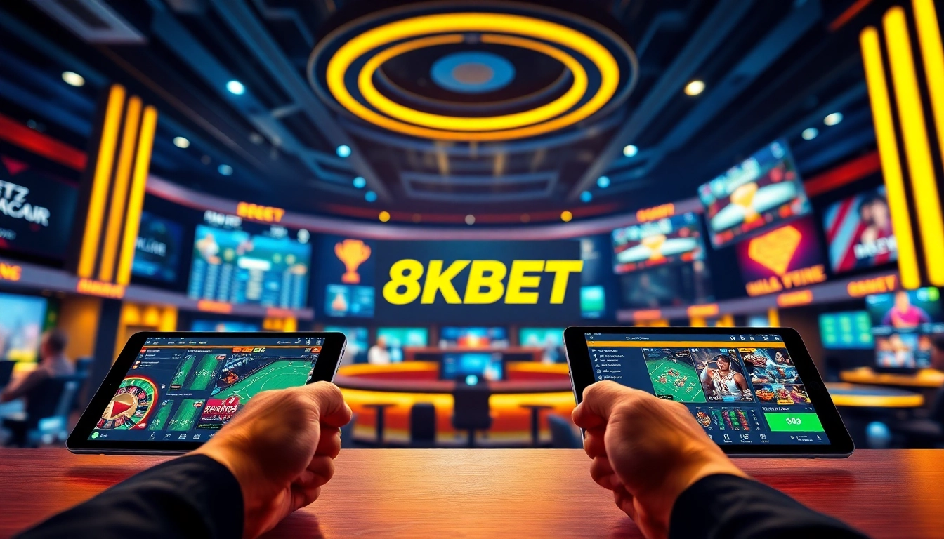 A vibrant online betting scene showcasing 8KBET with digital interfaces for casino and sports gaming.