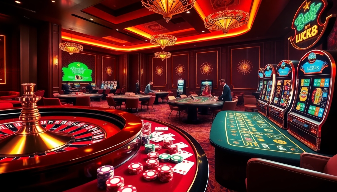 Exciting casino action at luck8, featuring vibrant roulette wheels and engaged players.