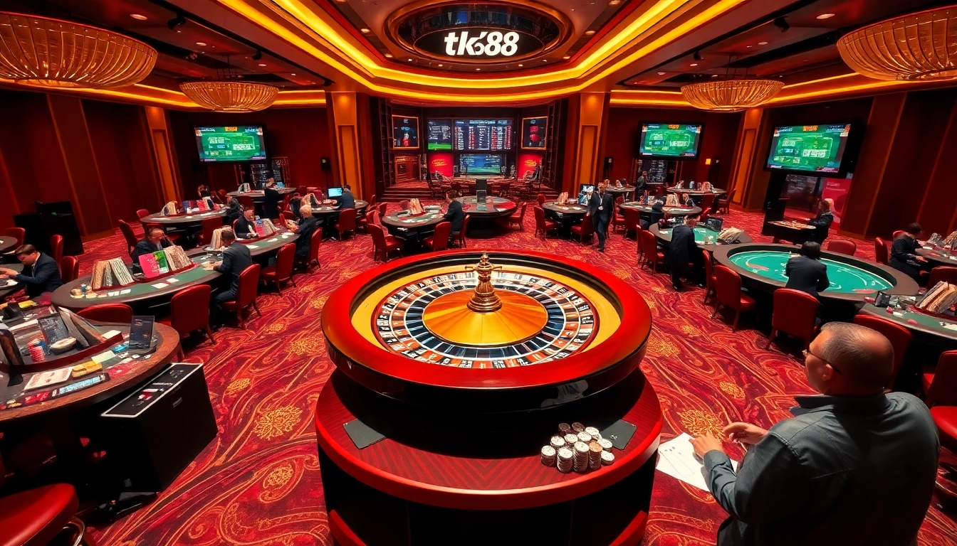 Dynamic casino gaming scene featuring tk88 logo, dealers, and sports betting screens