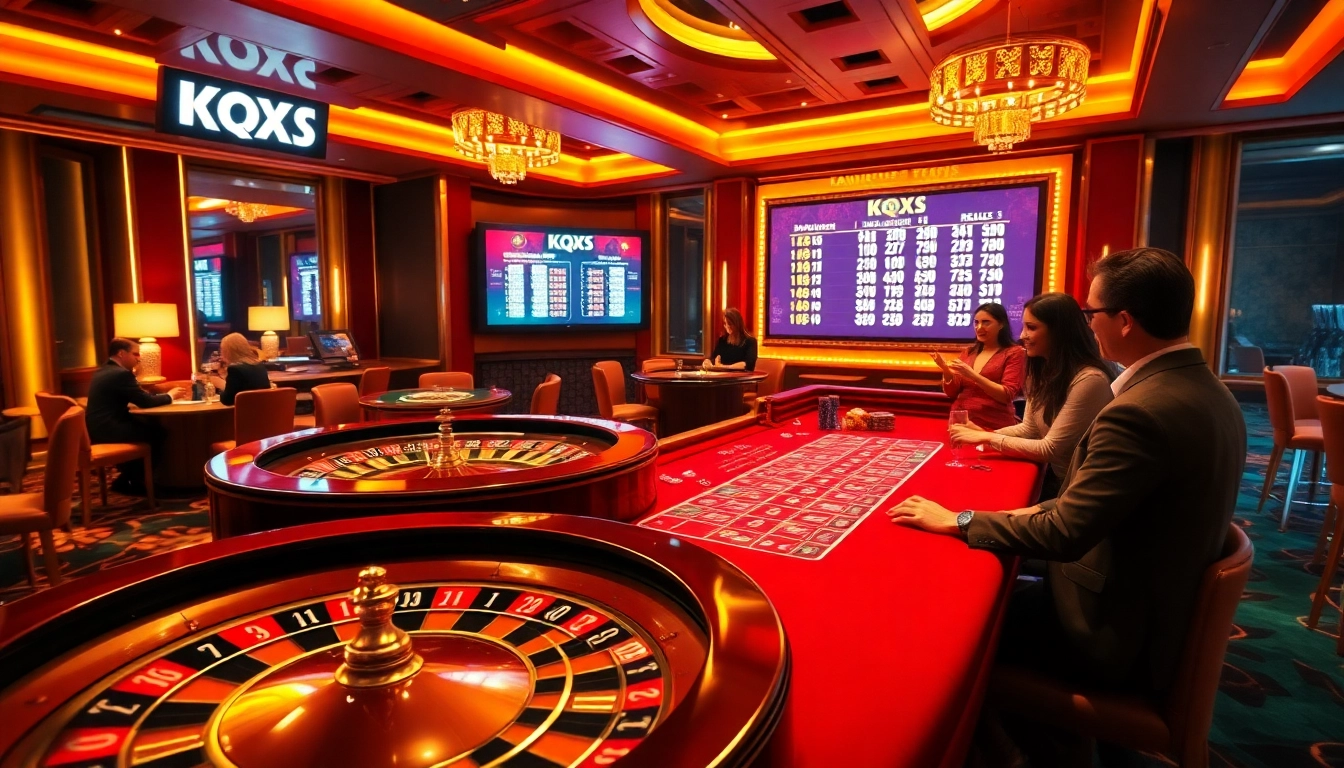 KQXS results displayed in a lively casino setting with players engaging at the betting table.