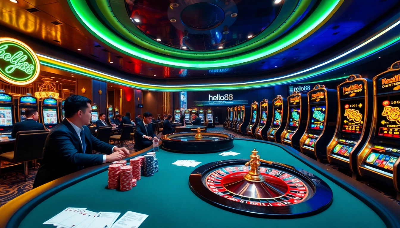 Excited players at hello88 engage in a lively poker game surrounded by casino elements.