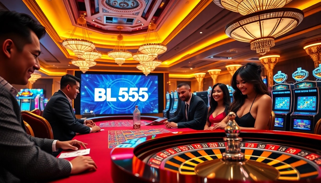 Players enjoying high-stakes gaming at BL555 casino with vibrant atmosphere and luxury.