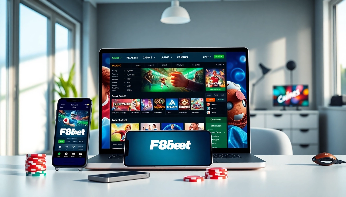 F8bet modern online betting interface on a sleek laptop with vibrant gaming visuals.