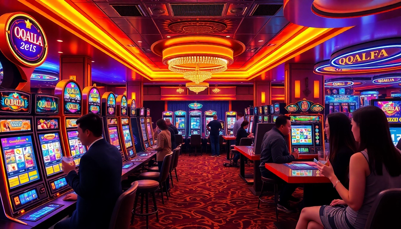 Experience the thrilling atmosphere of QQALFA with vibrant slot machines and engaged players.