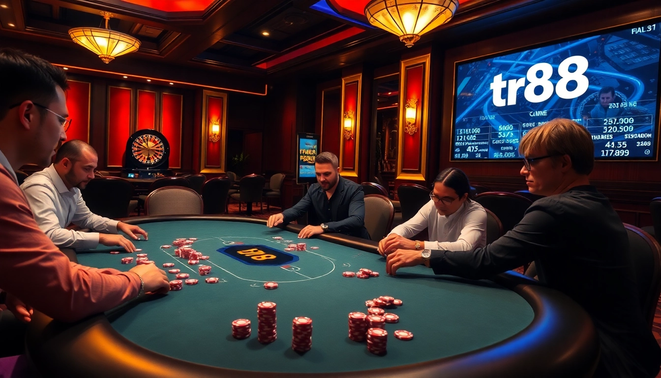 Experience the thrill of poker at a TR88 casino table with vibrant colors and focused players.