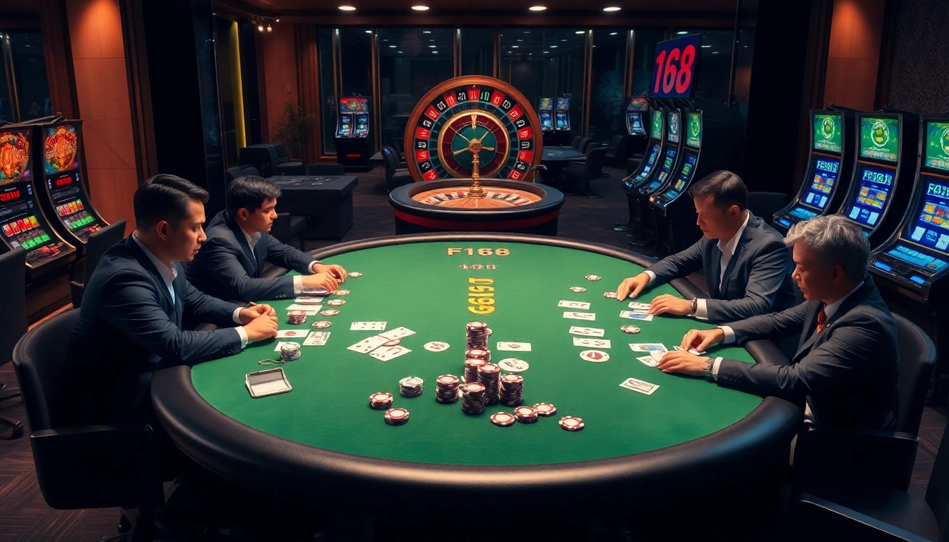 Players enjoying a poker game at F168 casino, featuring vibrant chips and a roulette wheel.