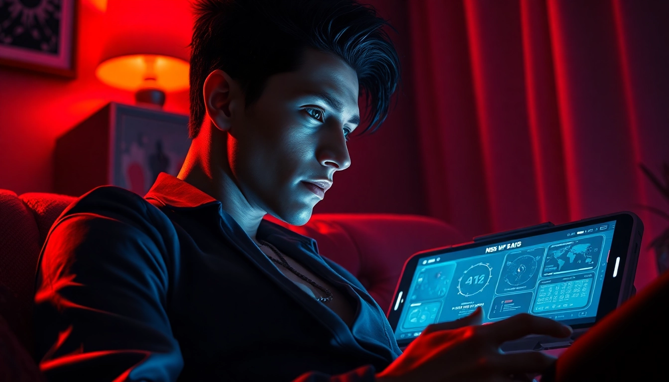 Engaging NSFW AI character interaction in an intimate, tech-savvy setting.