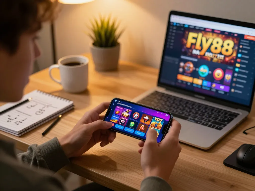 Engaging gameplay on the Fly88 casino app showcasing a user strategy in a cozy home office.