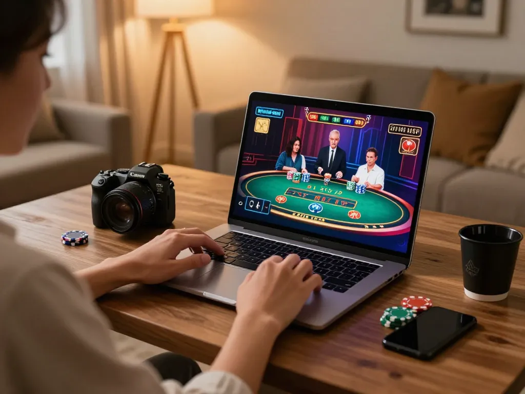 Engaging in online gaming on 23Win with a laptop showcasing vibrant casino graphics.