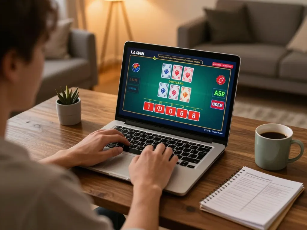 Player engaging in LLWIN online gaming at home with laptop showing live blackjack.