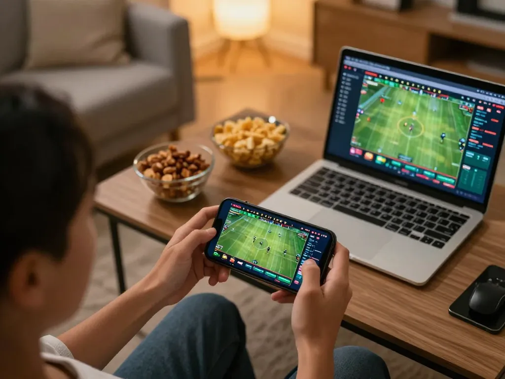Sbobet user engaged in sports betting on smartphone, analyzing game stats in a cozy home setting.
