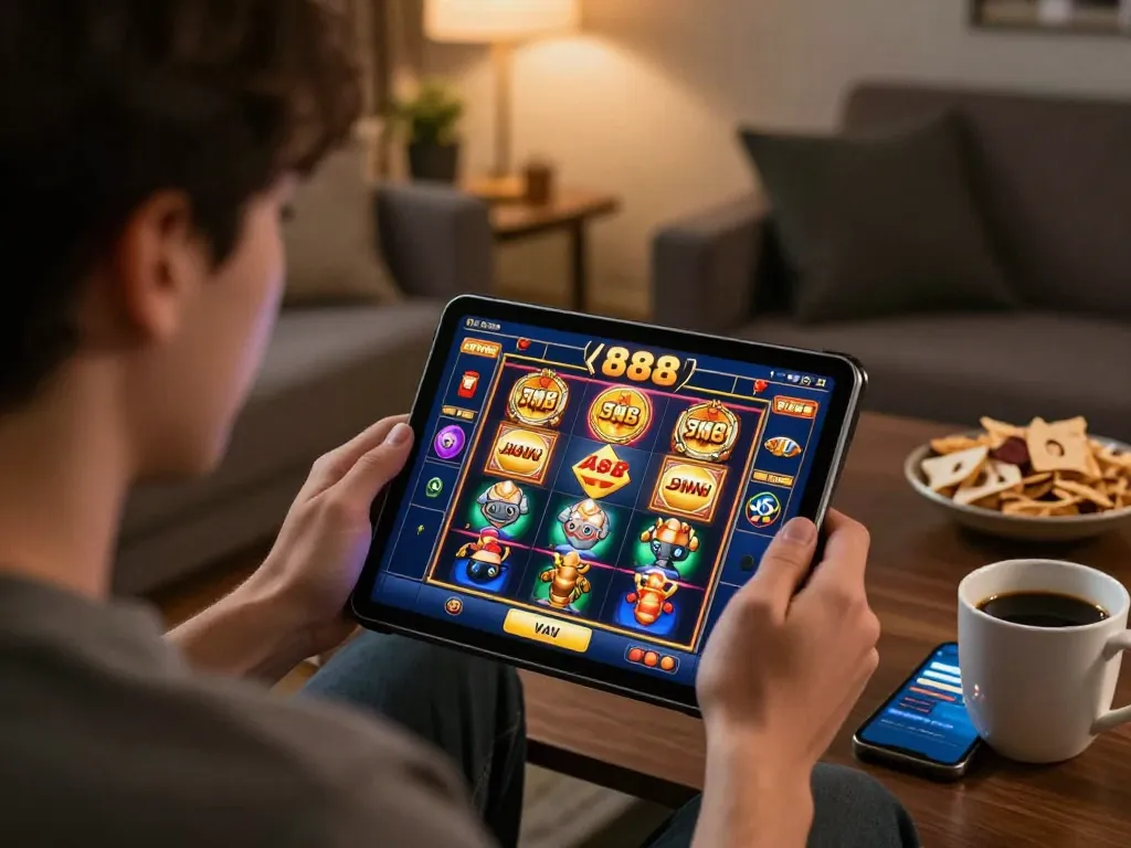 Engaged in an online slot88 gaming session, showcasing strategic play and cozy atmosphere.