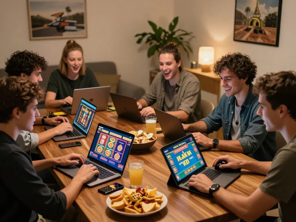 Engaged friends playing together on trang chủ okwin, showcasing their online casino moments.