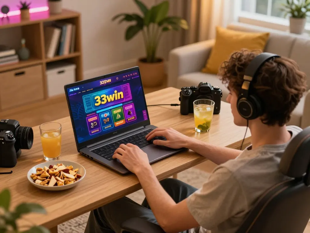 Play with 33win online casino interface in a cozy home gaming setup