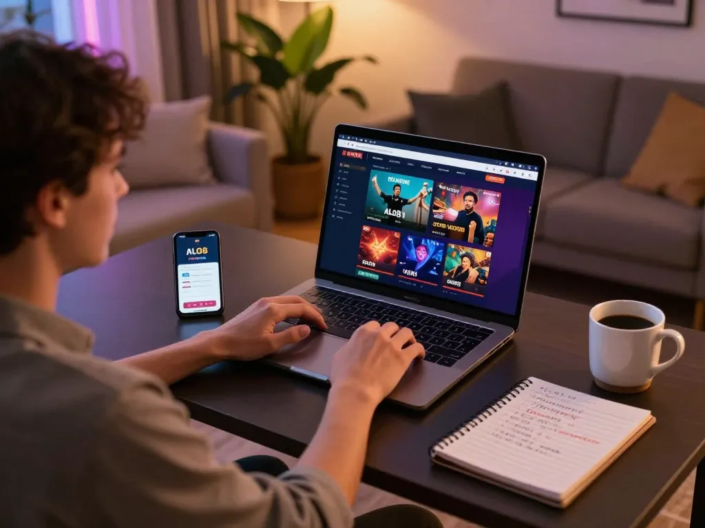 Person engaging with ALO8 online casino interface in a cozy home office.