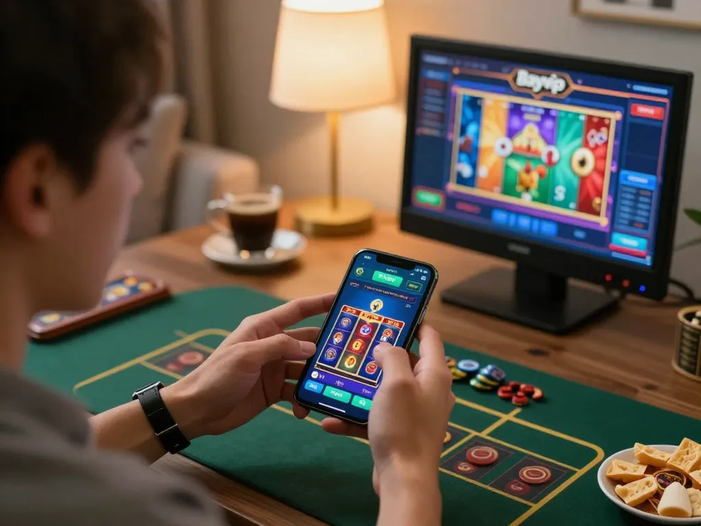 Experience thrilling gameplay with Bayvip app on smartphone in a cozy gaming setup