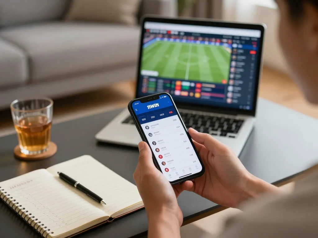 Placing bets and accessing the 11WIN app for sports betting strategies in a cozy living room setting.