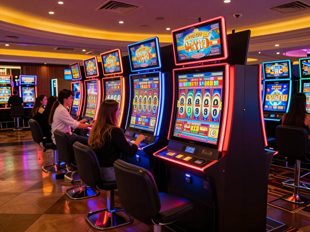 Players enjoying the O8 slot machine experience with vivid lights and engaging gameplay.