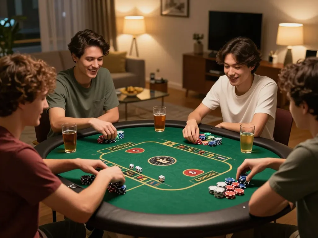 Tài Xỉu Online gameplay with friends at a cozy home setup, chips and dice on the table